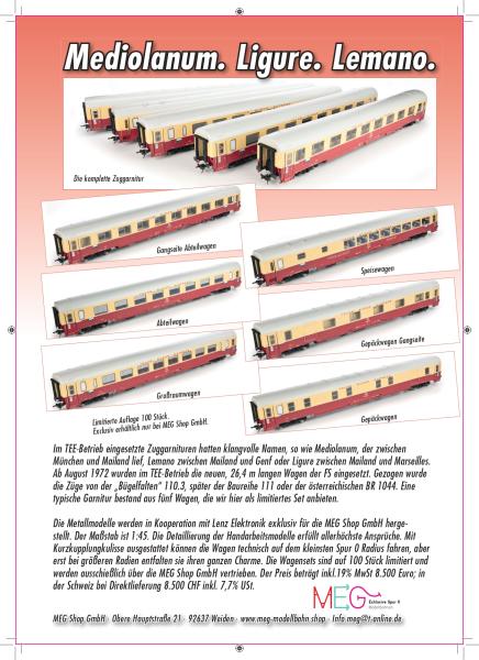 Mediolanum Exklusives Messing- Handarbeitsmodell des TEE-Wagenzuges in Spur 0